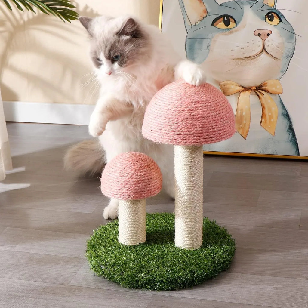 Mushroom-shaped cat scratching post with natural sisal caps for small cats