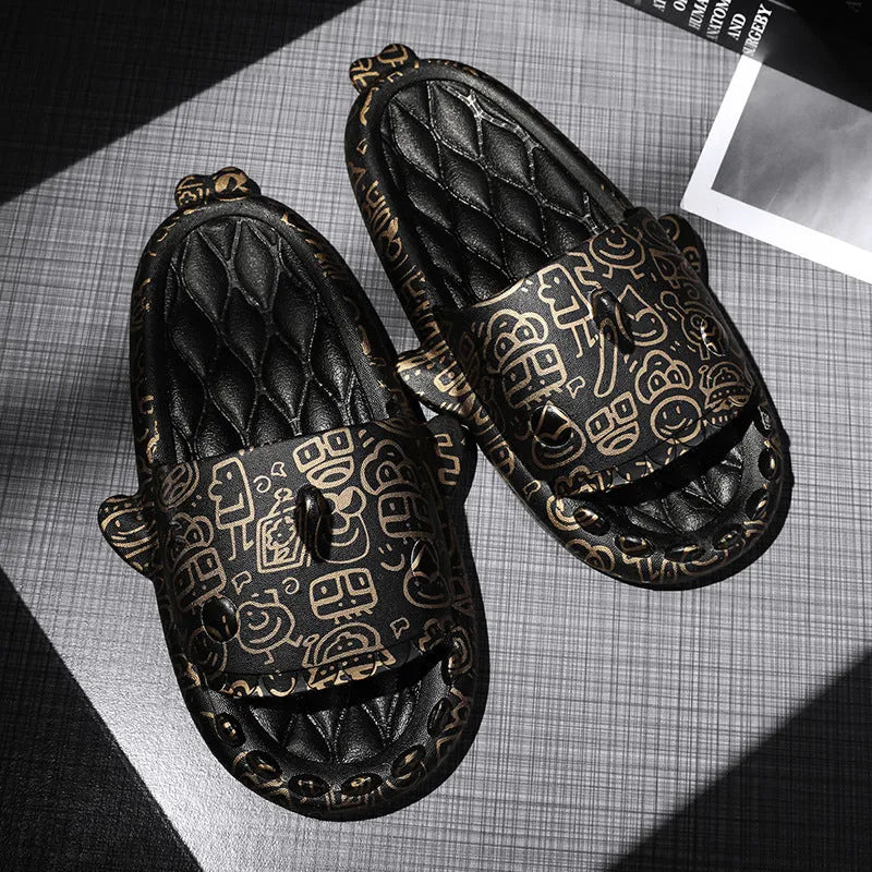 Open-toe EVA foam home slippers with shark design in beige, black, grey, and white colours.