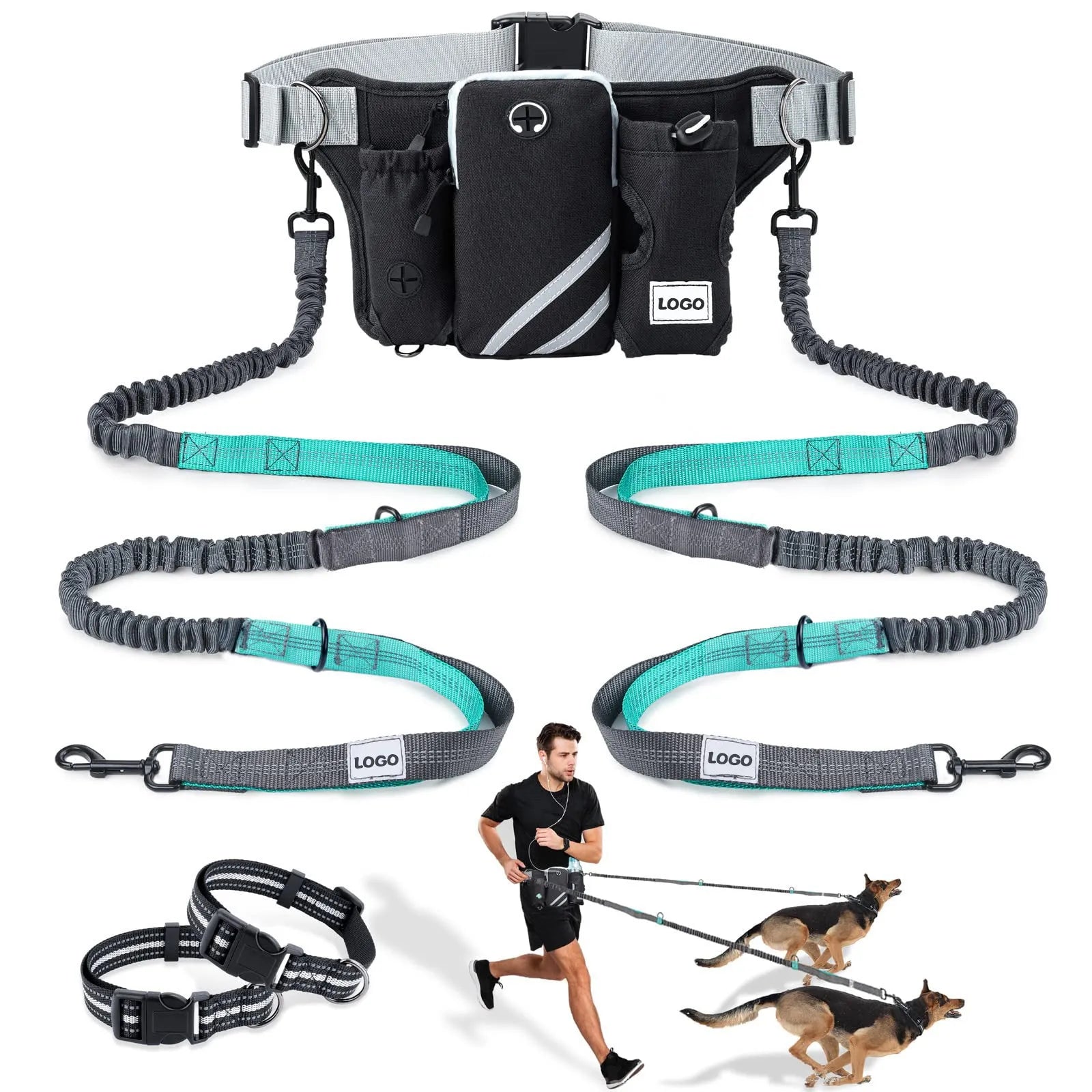 Black outdoor pet training waist bag set with telescopic leash and collar for dog walking