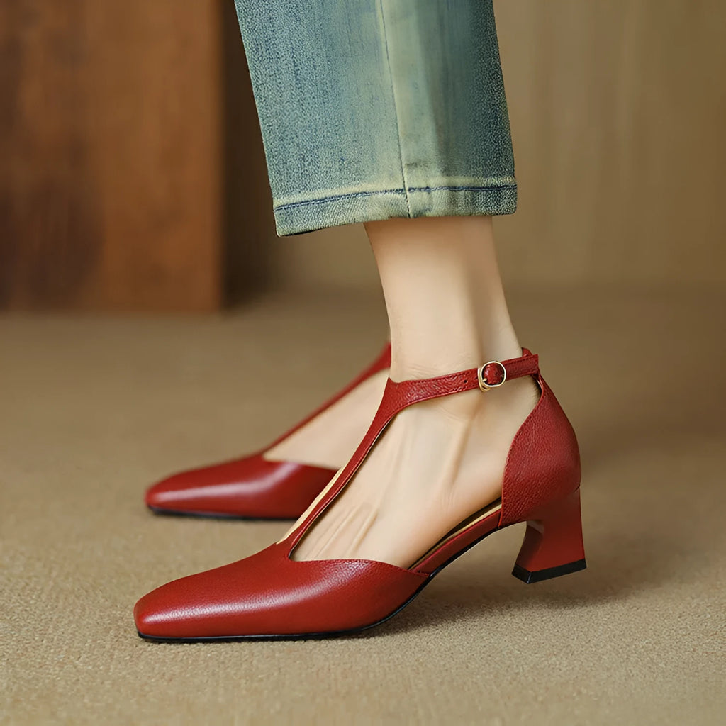 Women's wine red French retro square toe chunky heel shoes with ankle buckle fastening