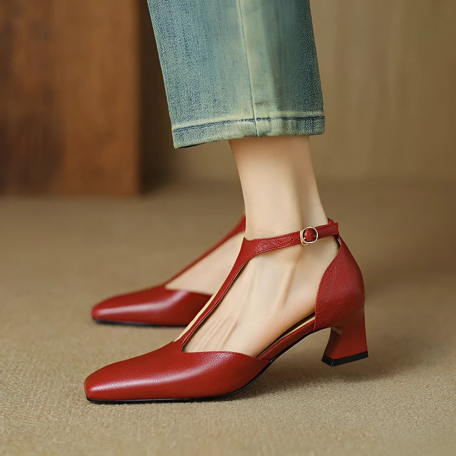 Women's wine red French retro square toe chunky heel shoes with ankle buckle fastening