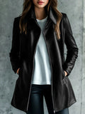 Black women's leather jacket with long sleeves and medium 65cm length