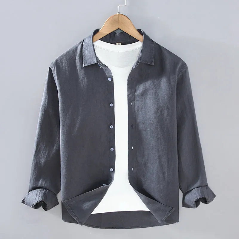 Men's pure linen shirt in cardigan style, shown in a solid earthy colour with long sleeves.
