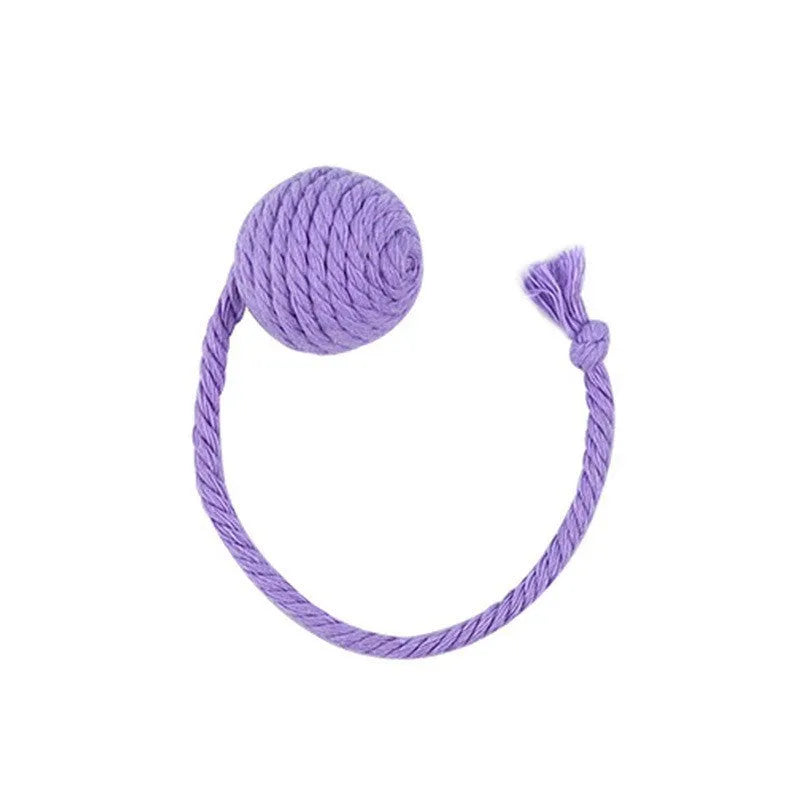 Colourful cat toy ball with rope and bell in green pink purple yellow options