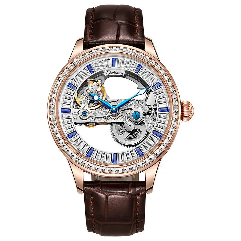 Men's rose gold stainless steel mechanical watch with transparent case back on wrist