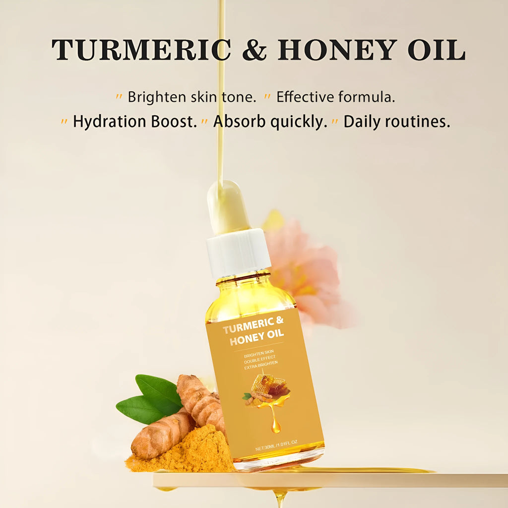 30ml amber glass bottle of turmeric honey essential oil with dropper in neutral packaging