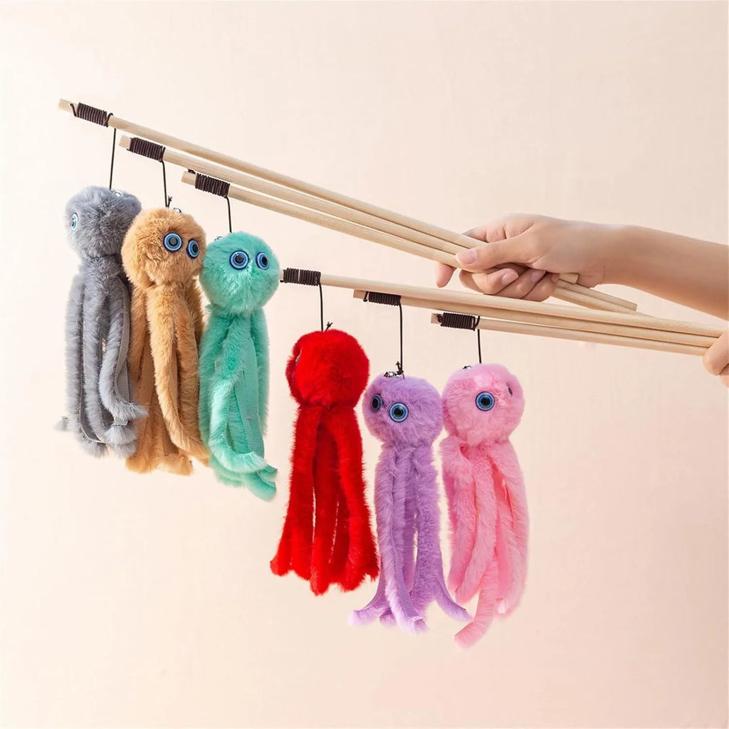 Octopus design cat toy with long stick wand for indoor kitten play in multiple colour options