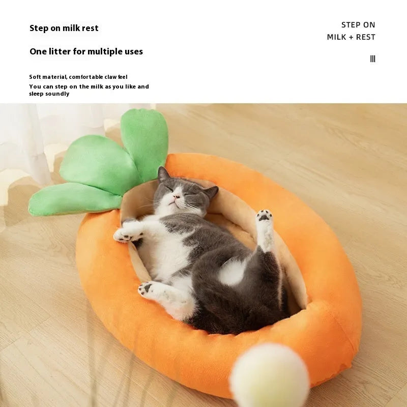 Carrot-coloured reversible cloth pet bed mat with cartoon carrot design, medium size