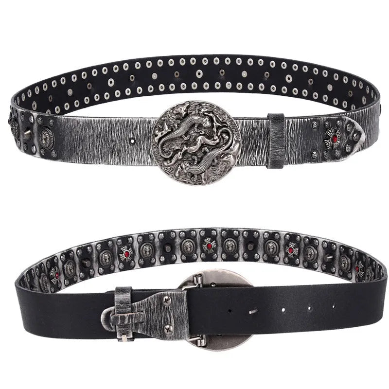Men's black leather belt with punk-style rivets and a silver alloy buckle, laid flat showing length.