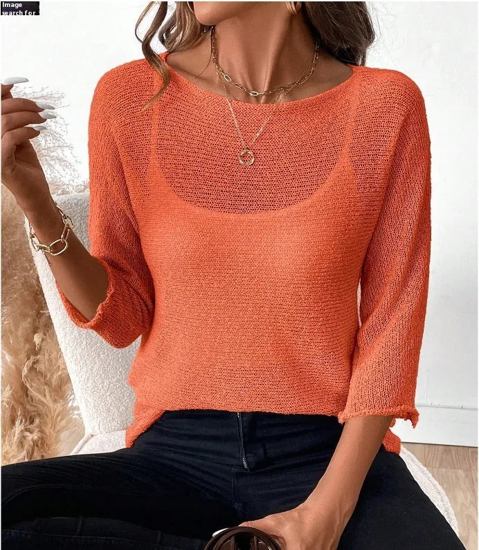 Women's thin knitted off-shoulder top in polyester with a 3D pattern, shown in a light colour.