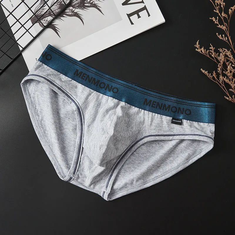 Men's low waist cotton blend briefs in a grey and blue colour block combination.