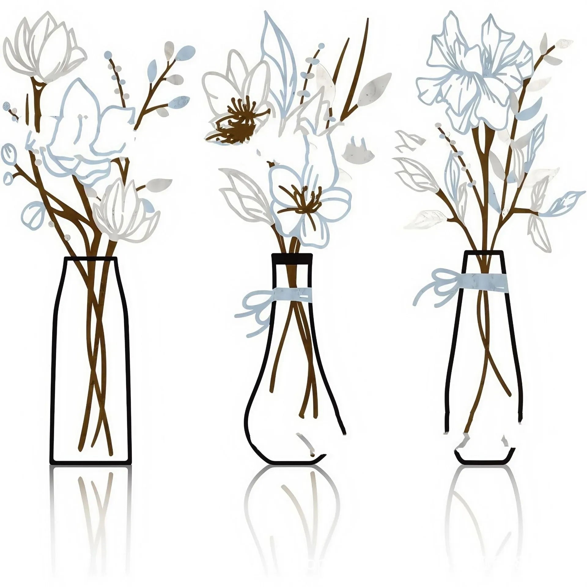 Set of three metal flower wall art pieces with colour vase designs, in a choice of four colour finishes.
