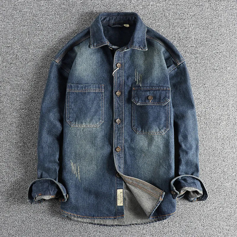 Men's light blue washed vintage denim shirt in loose fit cardigan style with long sleeves