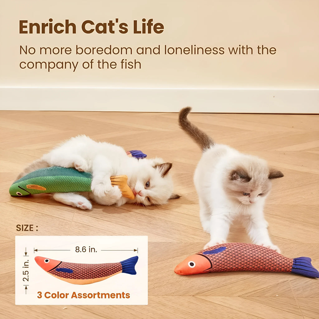 Green plush fish-shaped cat toy with organic catnip filling for kicking play