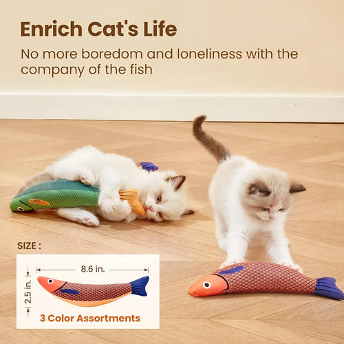 Green plush fish-shaped cat toy with organic catnip filling for kicking play