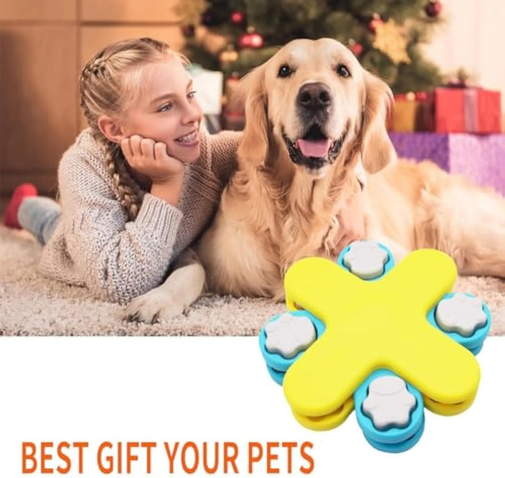 Yellow three-layer rotating dog puzzle feeder with anti-slip base for slow feeding and mental stimulation