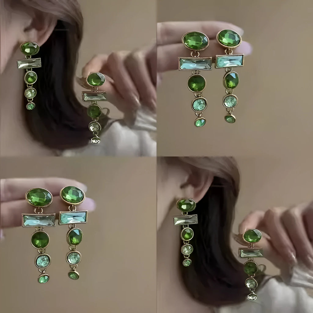 Green gradient retro tassel earrings with geometric Chinese style design and alloy metal construction