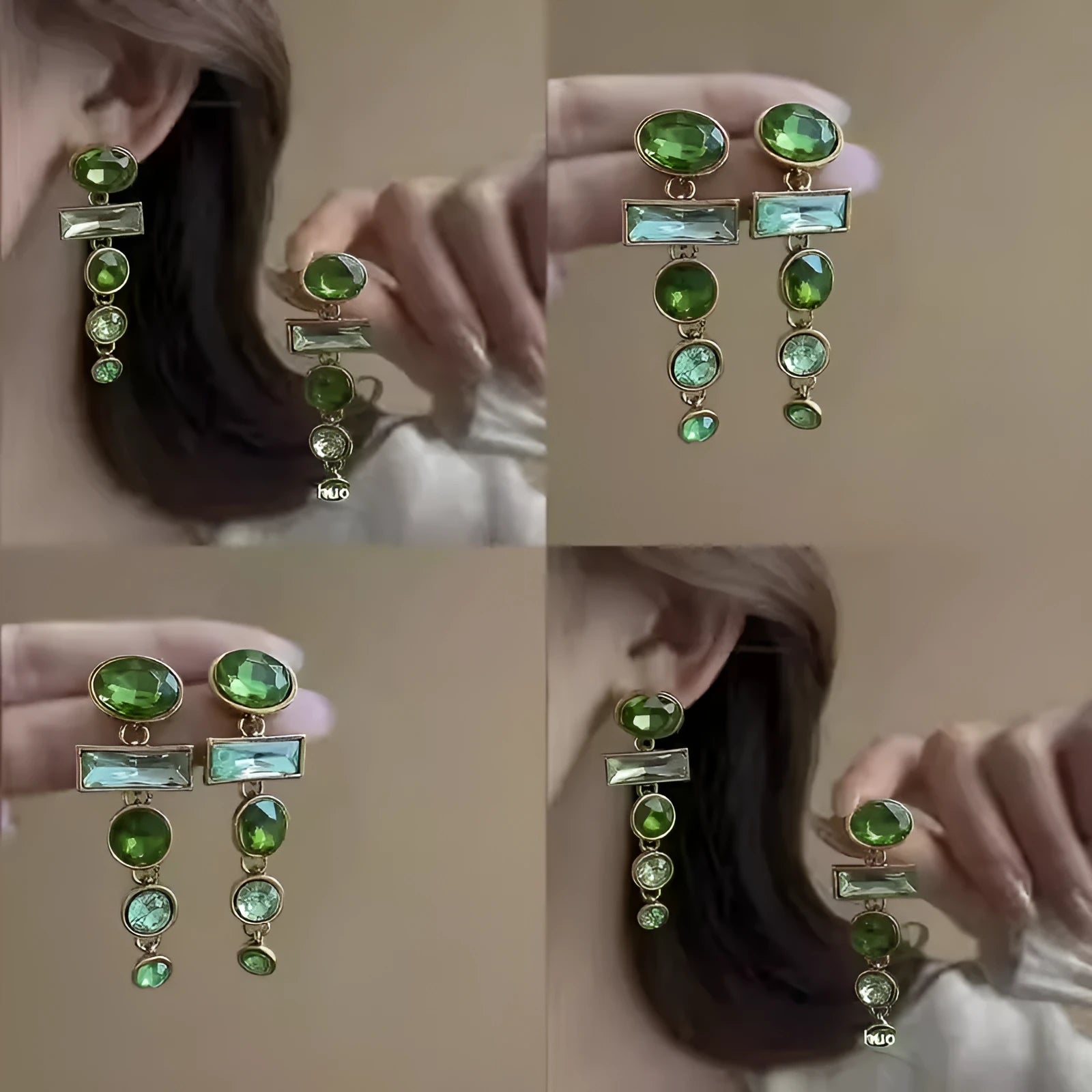 Green gradient retro tassel earrings with geometric Chinese style design and alloy metal construction