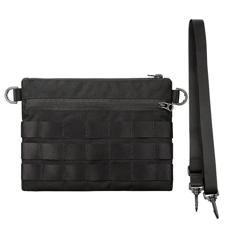 Black Oxford cloth outdoor waist bag showing compact 18 by 3.5 cm size.