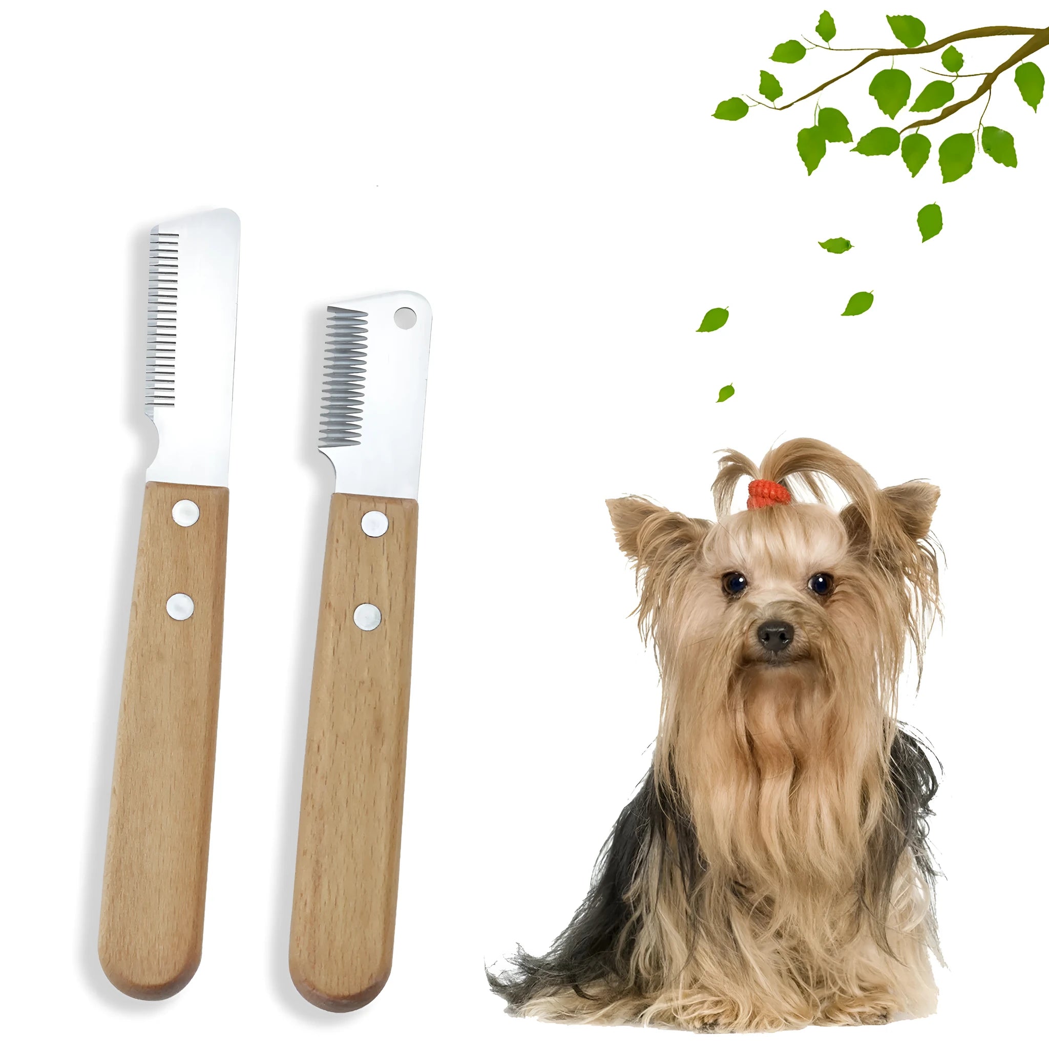 Pet grooming comb with wood handle and metal teeth for removing floating hair from dogs and cats