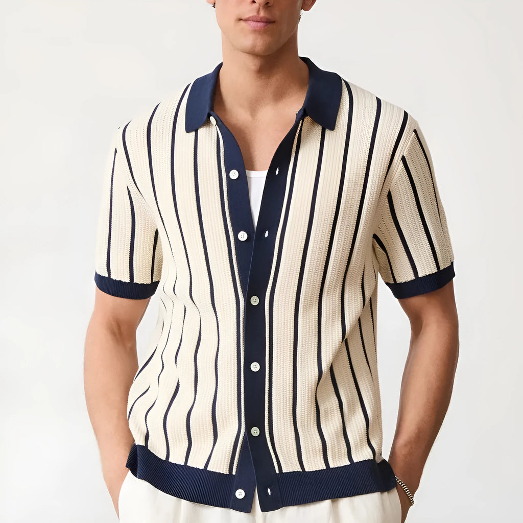 Men's white asymmetric lapel knitted top with short sleeves and a striped pattern.