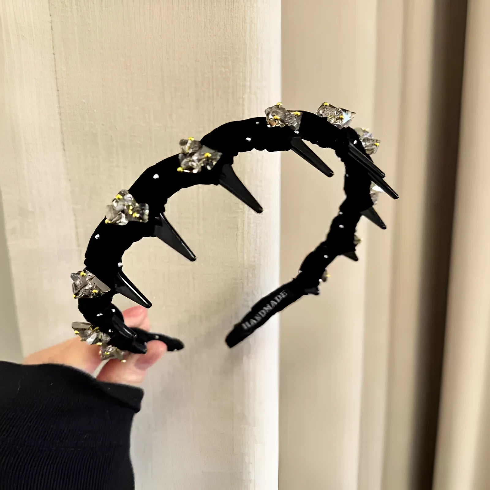 French velvet crystal hairband in wine red colour with hand-beaded details for face washing