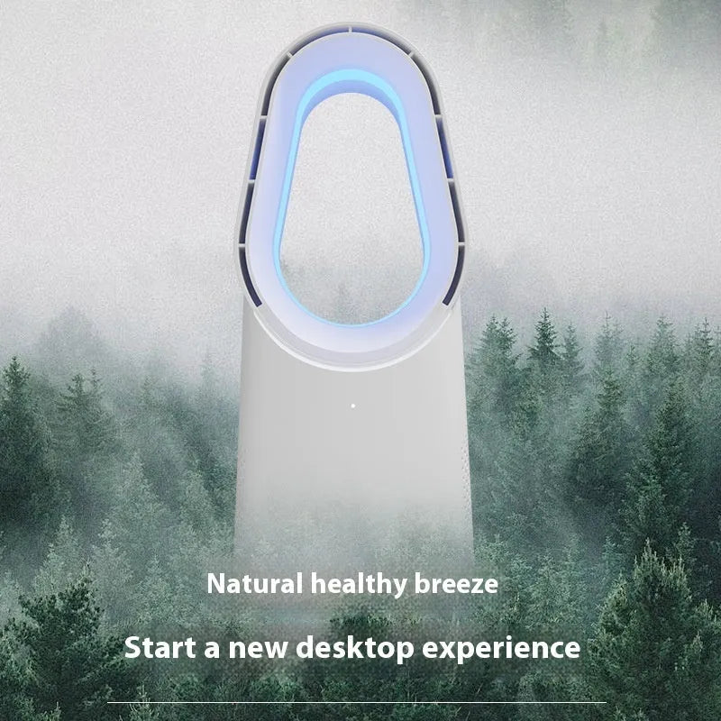 White SK bladeless tower fan with touch screen control panel for home or office desktop cooling