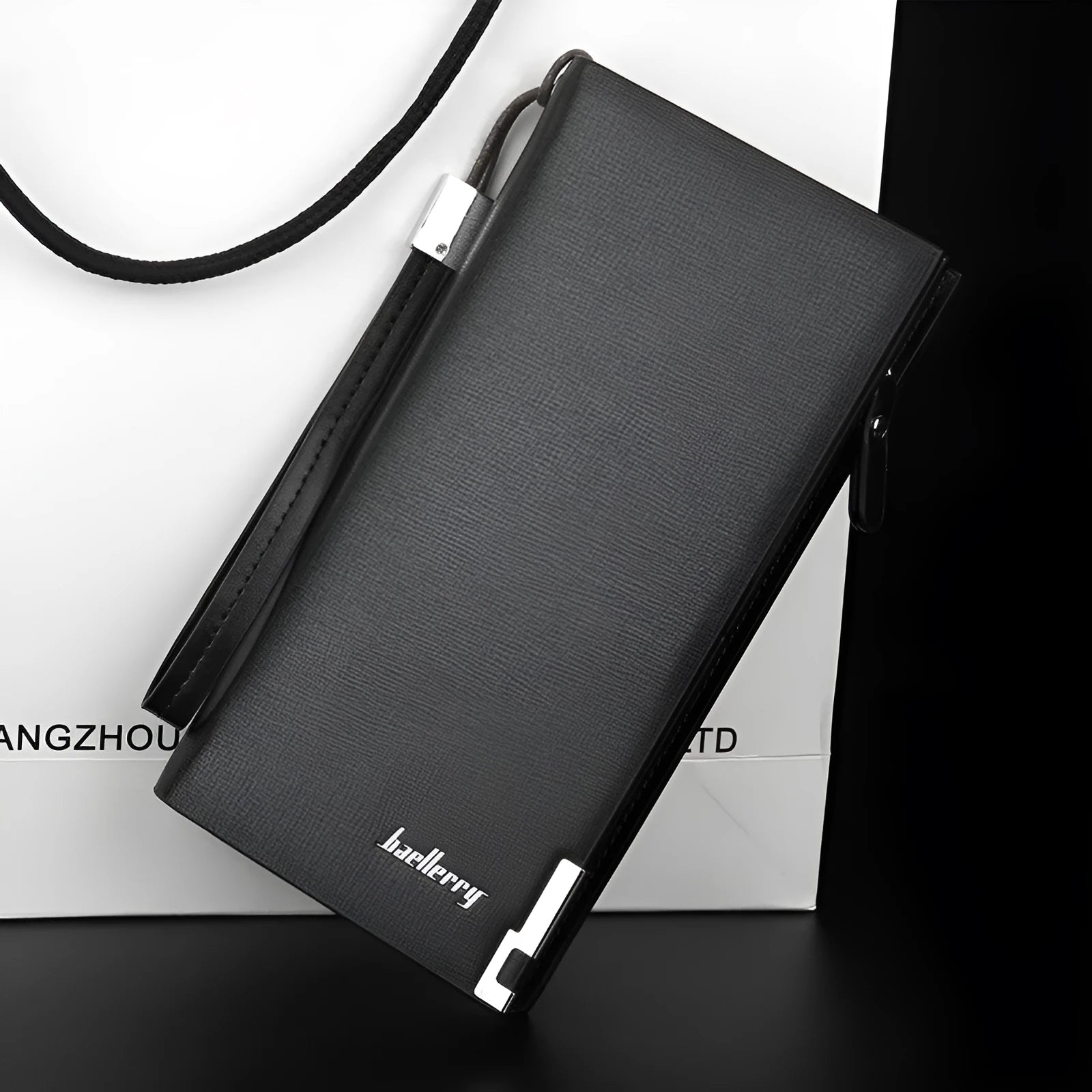 Men's long black PU leather wallet with zipper closure showing seven internal compartments