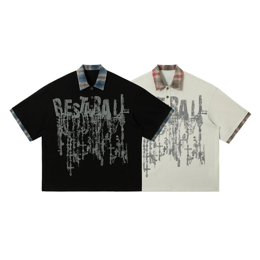 Men's loose fit cotton short-sleeved top with lapel and asymmetric graffiti print design in street style
