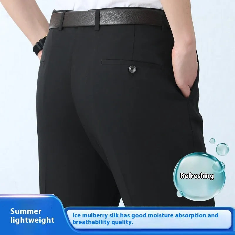 Men's straight-leg mulberry silk blend dress trousers in black on a hanger