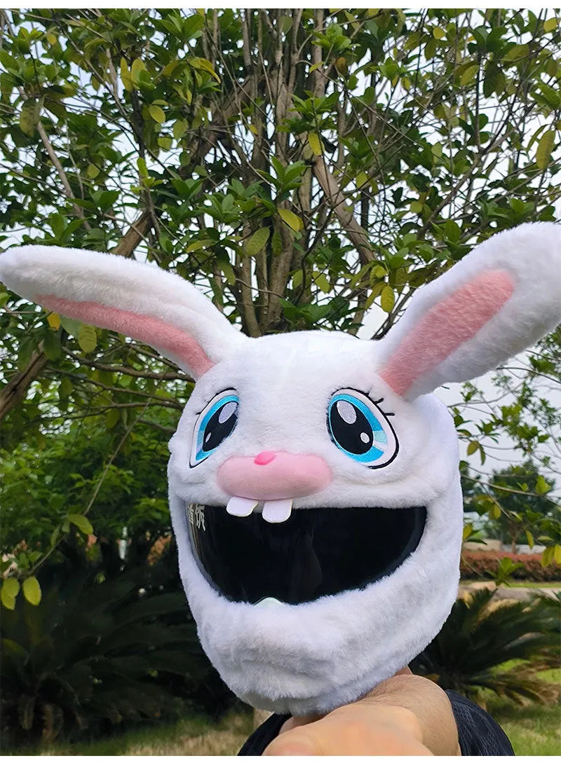 White plush rabbit head decorative cover for electric motorcycle helmet
