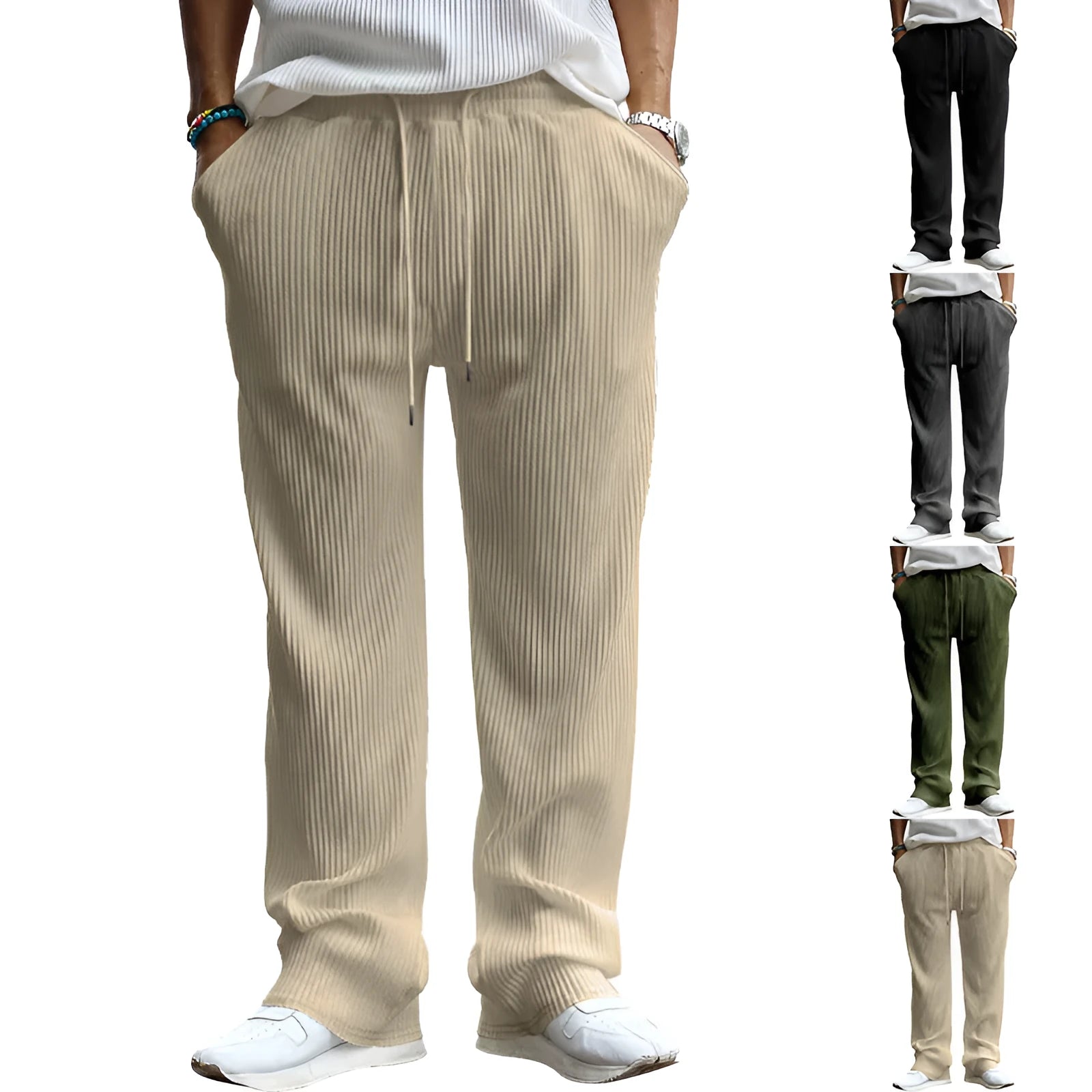 Men's loose fit high waist straight leg casual trousers in polyester with micro elasticity