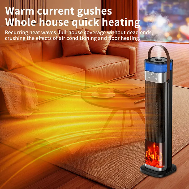 Slim white vertical tower heater with humidification function and remote control on a wooden floor.