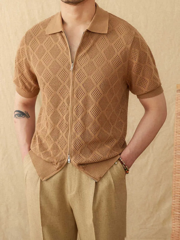 Cotton short sleeve lapel cardigan with zipper front in light brown colour