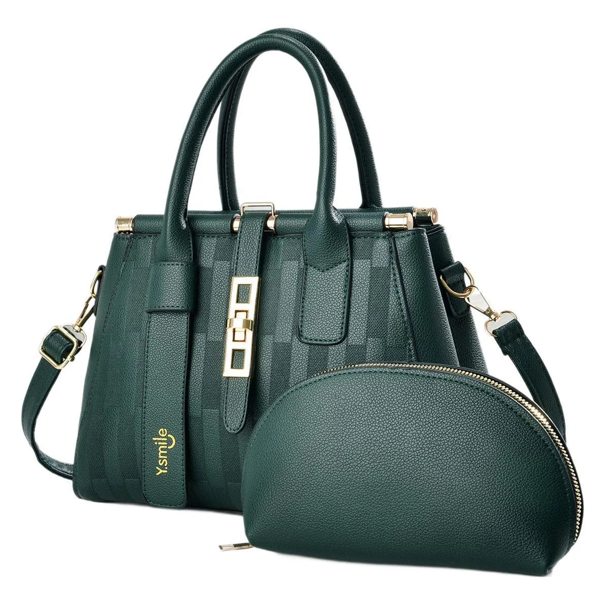 A pair of round black and light khaki PU leather crossbody bags with adjustable straps.