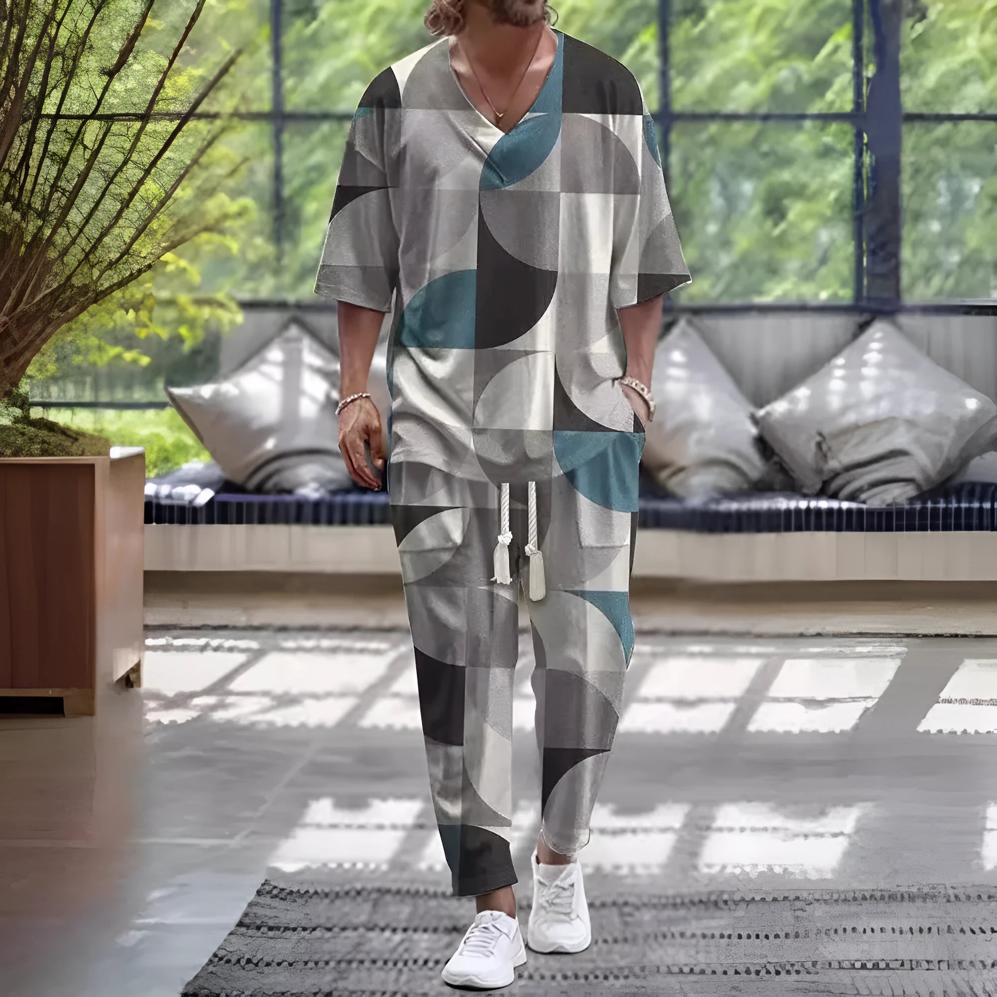 Cropped sleeve V-neck trousers suit set in thin polyester fabric on a hanger.