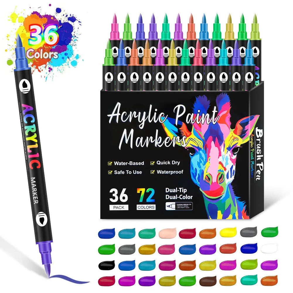 Double-headed acrylic marker pens in various colours showing both fine and broad tip options