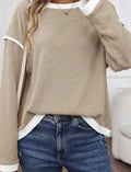Women's loose knit top with contrast trim on sleeves, in beige, light pink or four leaf clover colour