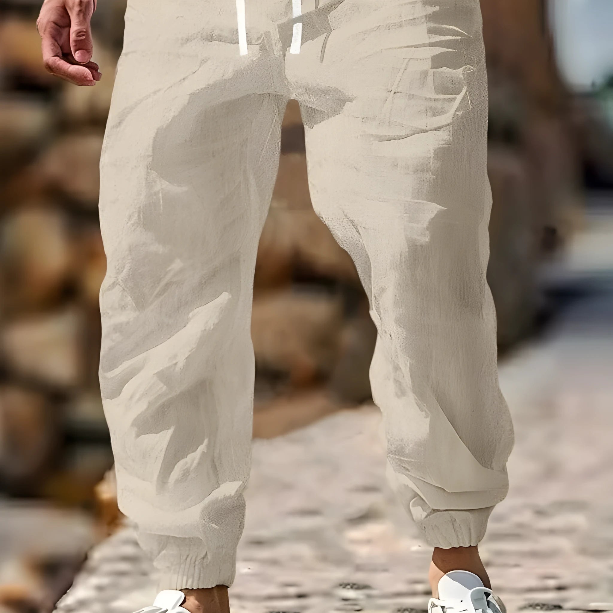 Men's straight-leg linen trousers in apricot colour with an elasticated waistband.