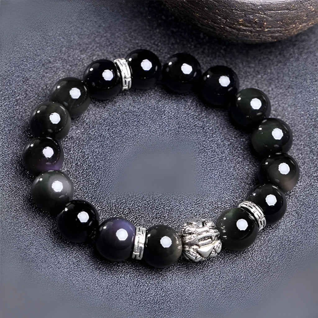 Silver 999 natural obsidian bracelet with Jucai NAFU lucky colour eye design in simple unisex style