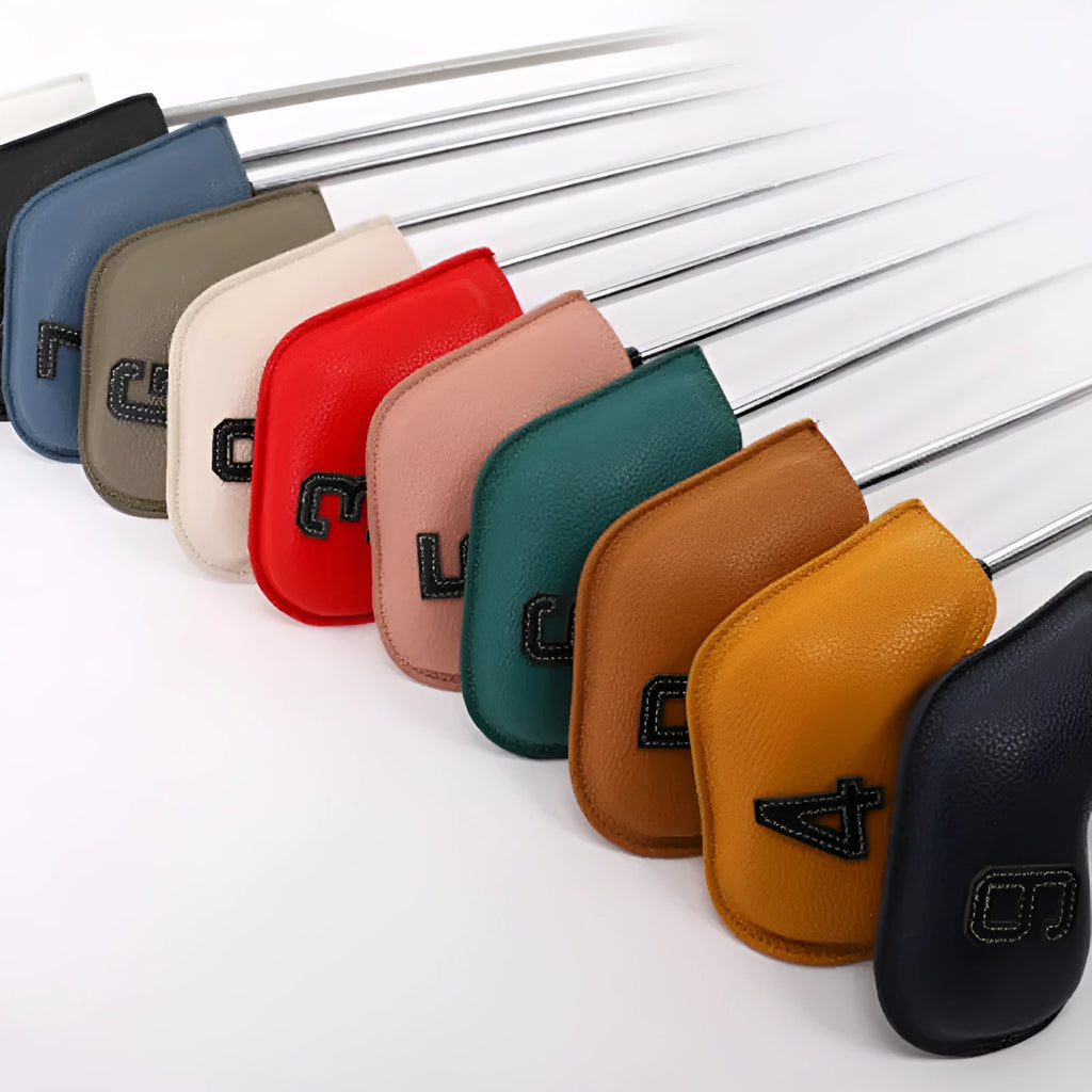 Set of 10 digitally printed golf club head covers in various colour designs
