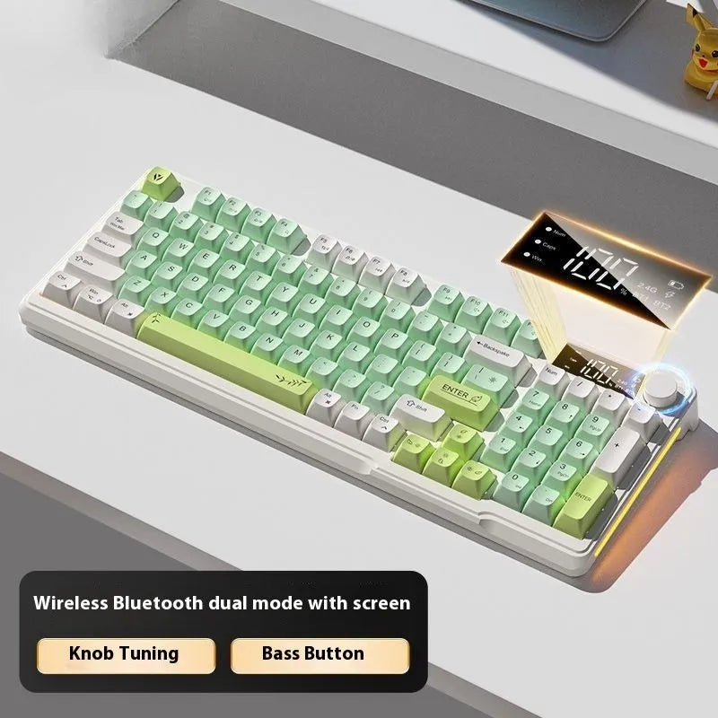 Blue and white wireless mechanical keyboard and mouse set on a desk, showing Type-C cable.