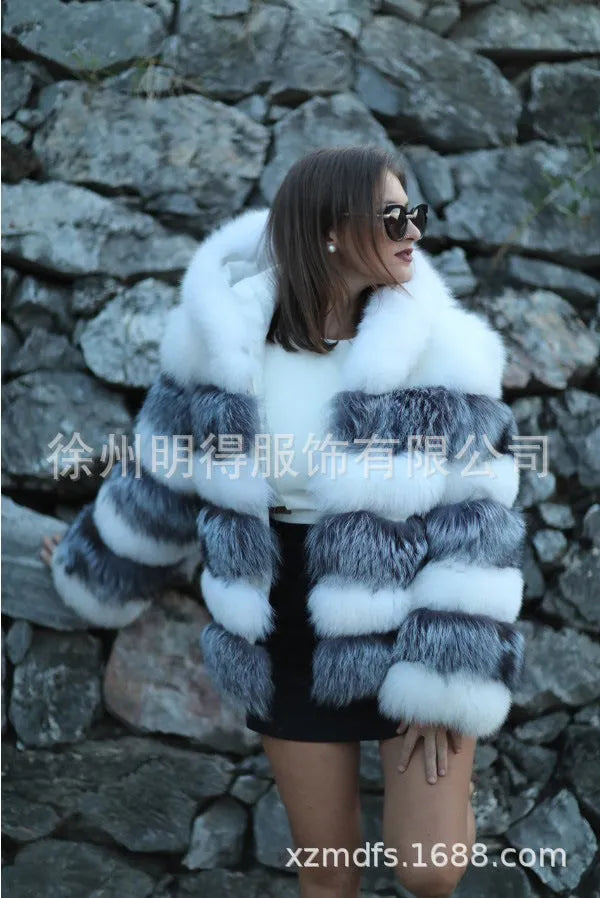 Women's loose hooded faux fur coat in street fashion style showing brown colour option