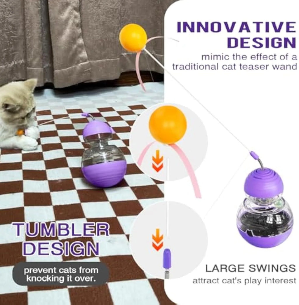Interactive cat wand toy with slow feed dispenser in yellow colour with bouncing teaser and light-up balls