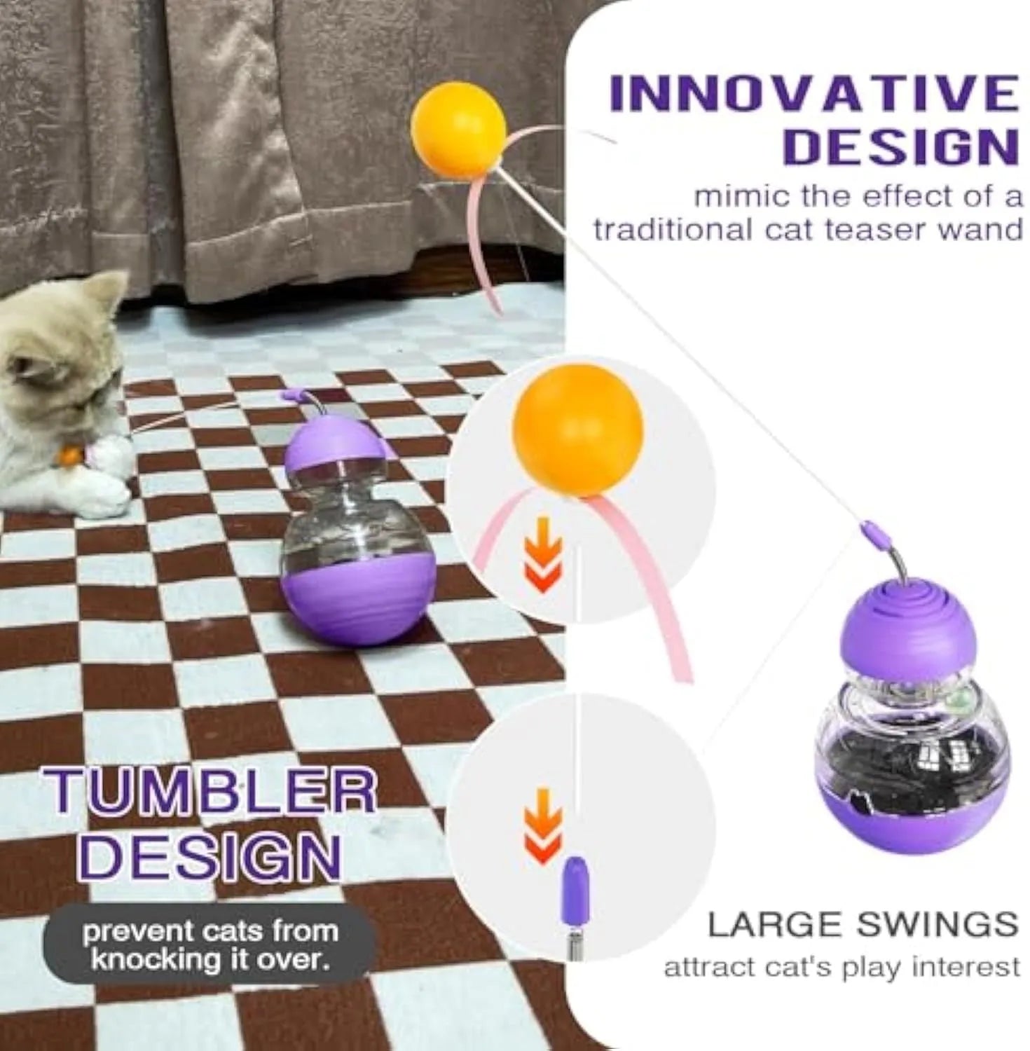 Interactive cat wand toy with slow feed dispenser in yellow colour with bouncing teaser and light-up balls