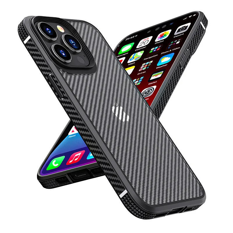 Black anti-fall protective phone case with carbon fibre pattern for Apple iPhone 13.