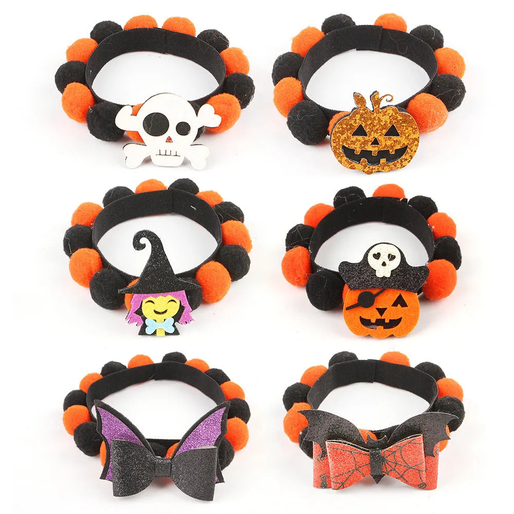 Halloween pet collar with a fur ball decoration in a pumpkin design, shown in size M