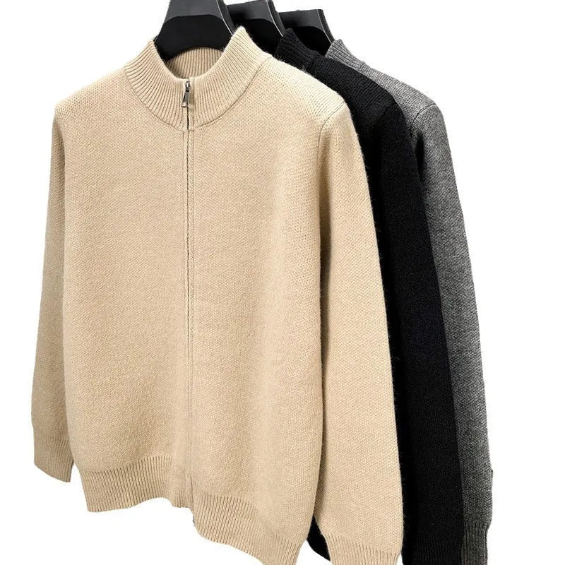 Men's high-neck zip-front cardigan in loose fit knitted fabric, shown in beige colour