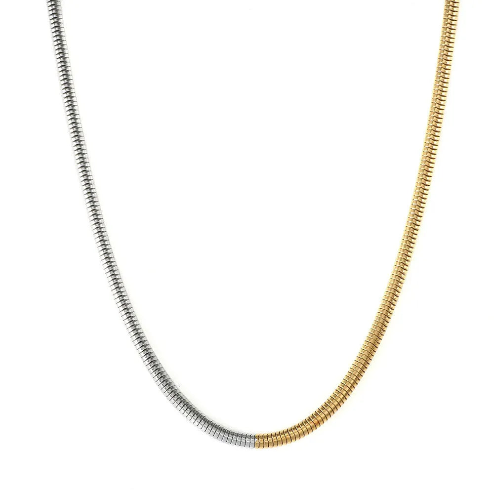 Women's stainless steel snake bone chain necklace with 3mm cold golden plating and geometric design