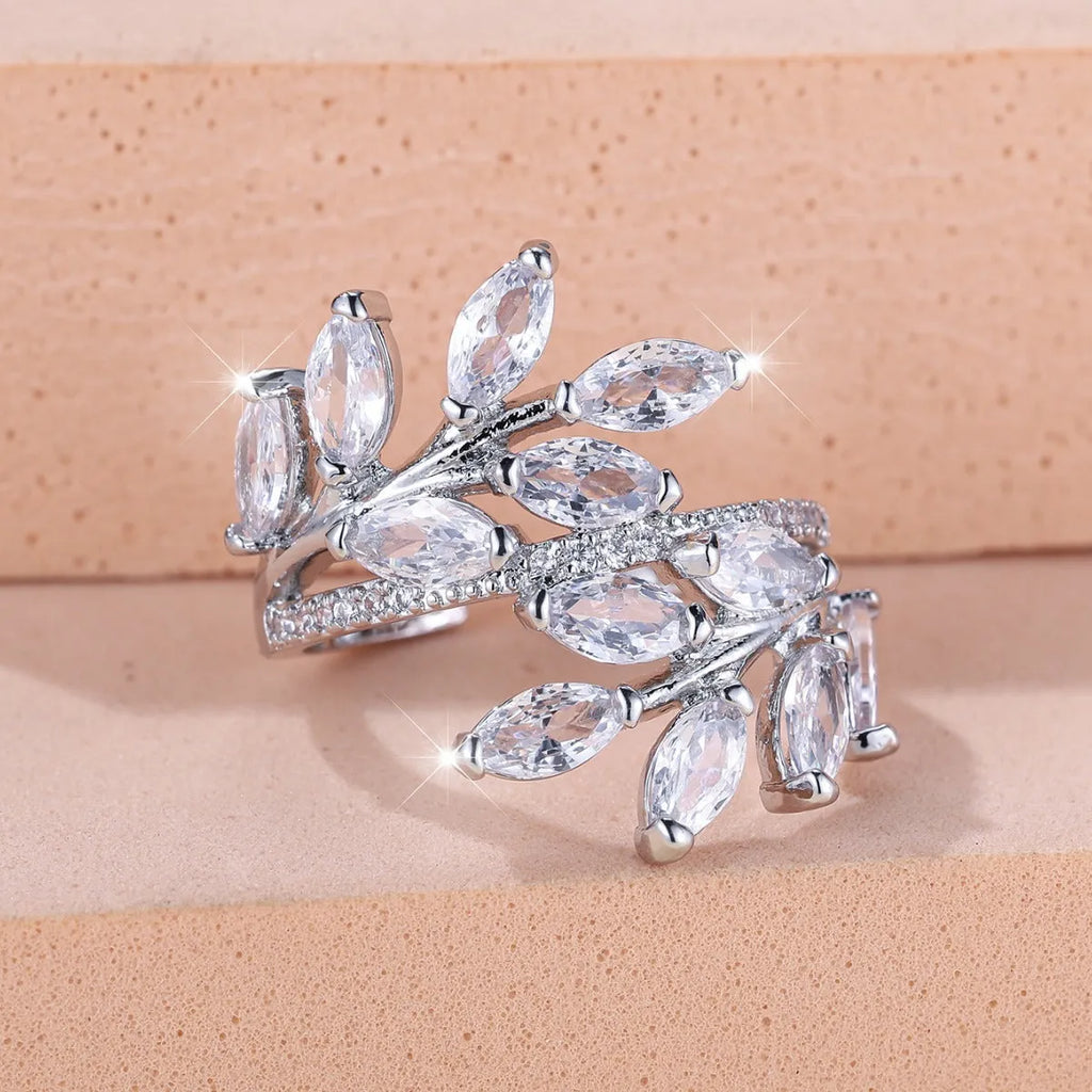 Adjustable horse eye zircon leaf ring in multiple colour options including platinum white and rose gold finishes